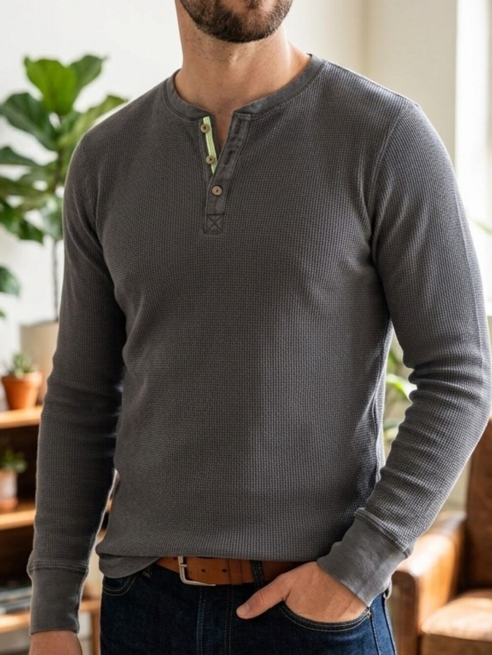Pact Organic Cotton Waffle Knit Henley Top - Charcoal Medium